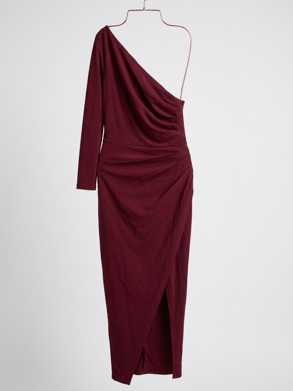 Asymmetric One-Shoulder Ruched‎ Midi Dress in Burgundy